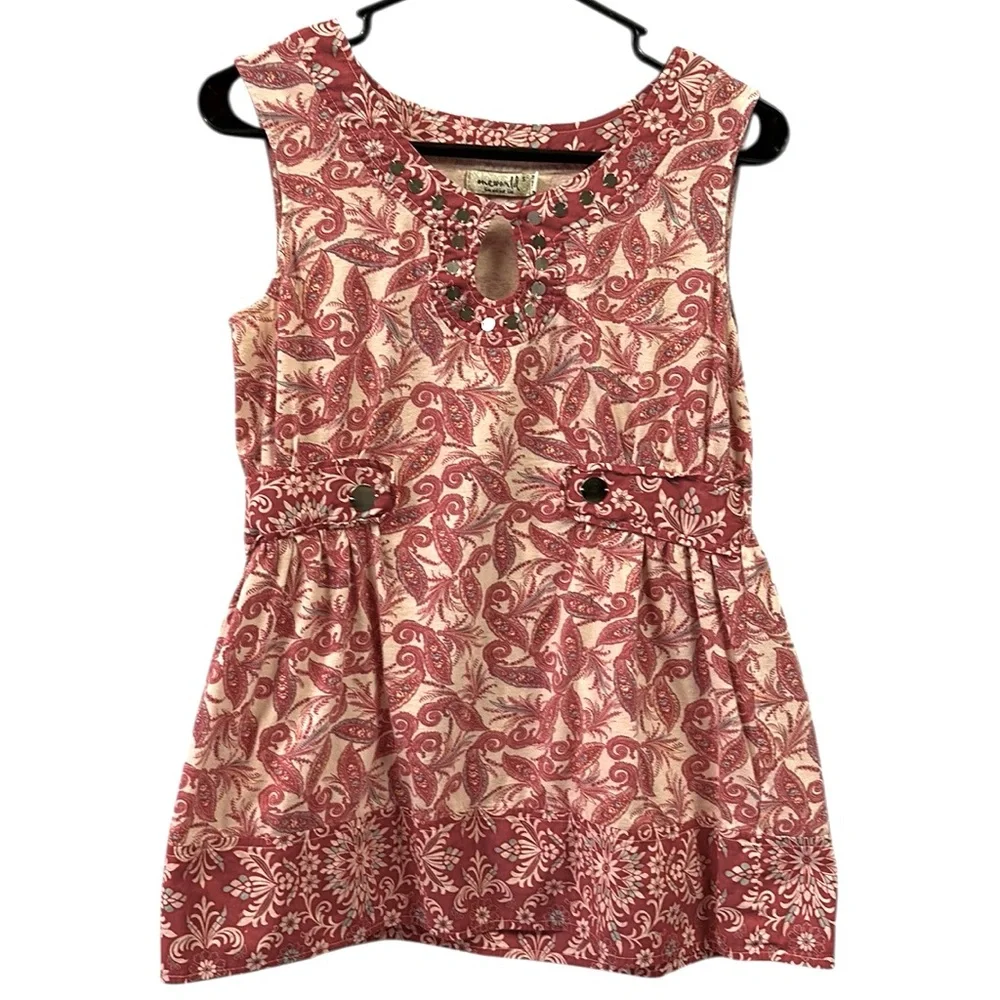 One World Cotton Paisley Print Sleeveless Embellished Tunic Top Blouse Womens S